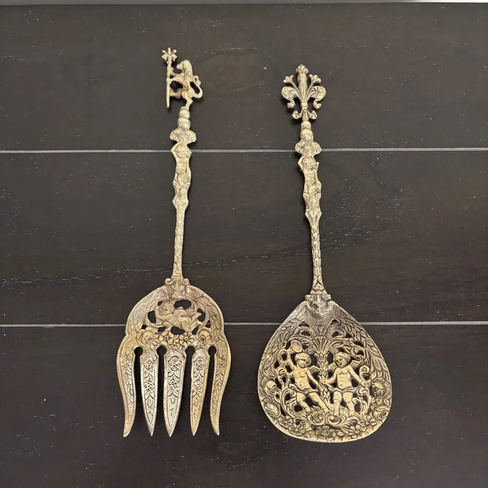 Vintage Italian Brass Salad Serving Set | Cherub Lion Fleur-de-Lis Ornate |‎ 2pc